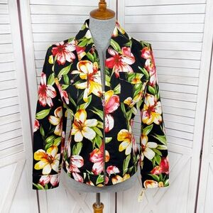 Vintage St. John Sport Tropical Flower Print Denim Jacket Black Yellow Small